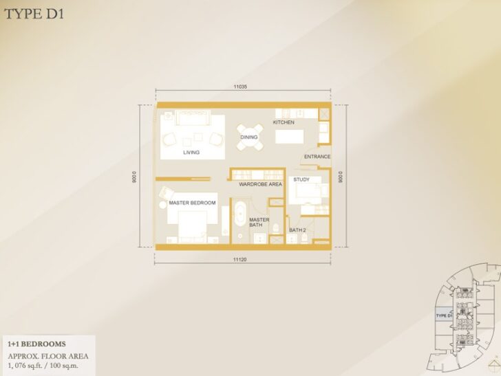 1+1部屋　1076sqf