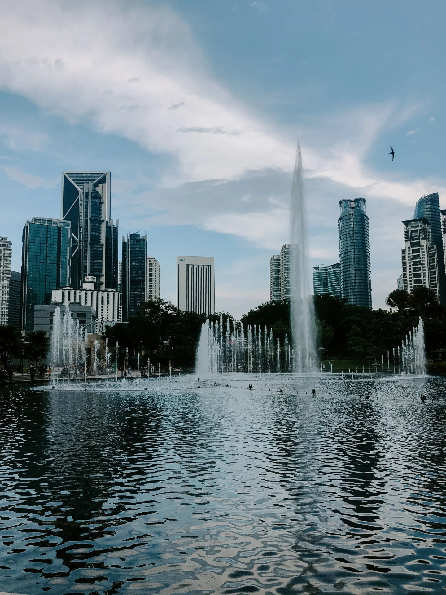 Fountains and city buildings at KLCC Park