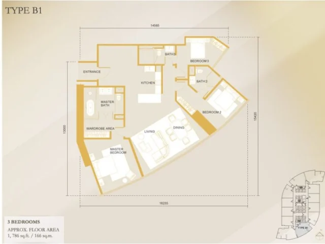 3-bedroom unit, 1,786 sq ft