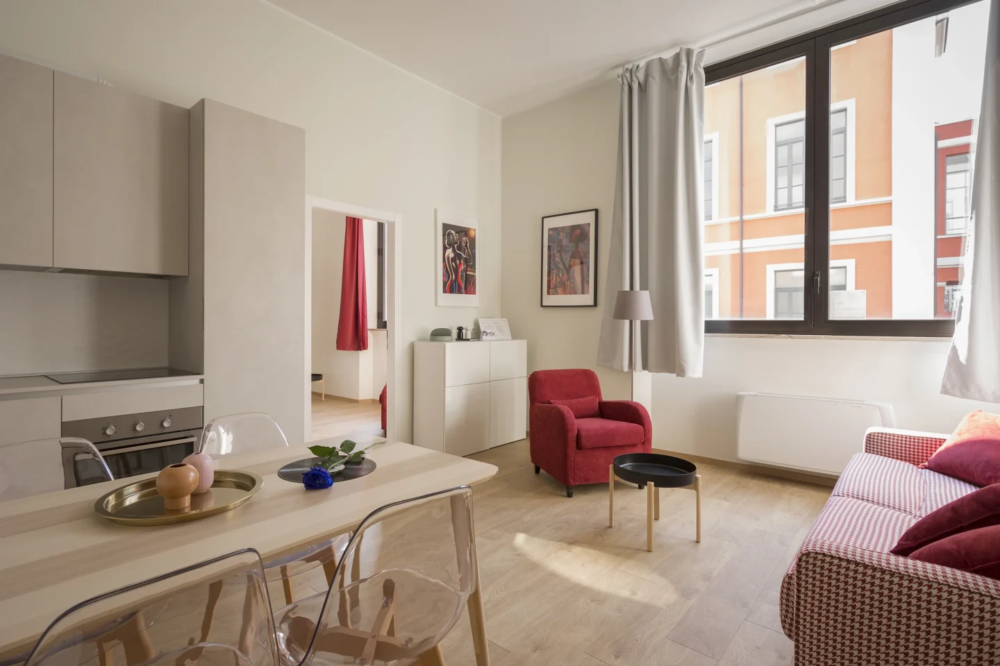 An apartment kitchen and dining area (illustrative)