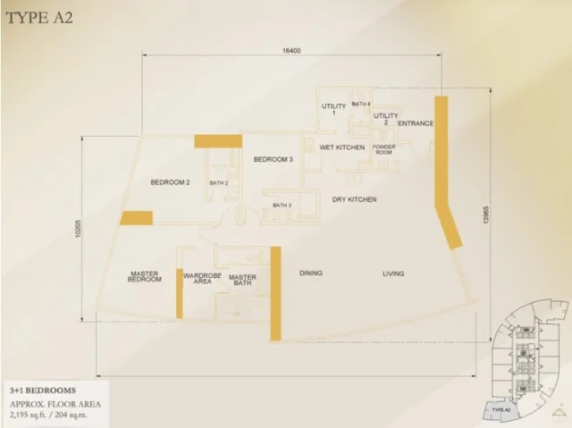 3+1-bedroom unit, 2,195 sq ft