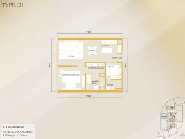 1+1-bedroom unit, 1,076 sq ft